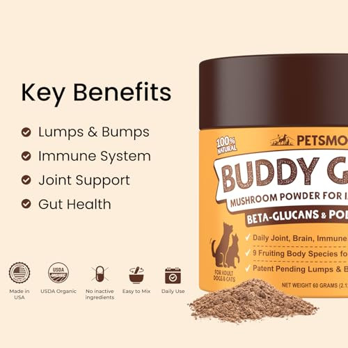 Petsmont Buddy Guard For Lumps And Bumps Lipoma For Dogs & Cats Patent Pending Organic 9 Mushroom Powder Blend Natural Dog Probiotic & Immune Support Chaga Reishi Lion'S Mane Turkey Tail Mushroom