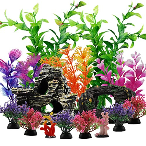 Pietypet Fish Tank Decorations Plants With Resin Broken Barrel And Cave Rock View 15Pcs Aquarium Decorations Plants PlasticFish Tank Accessories Fish Cave And Hideout Ornaments Aquarium Decor