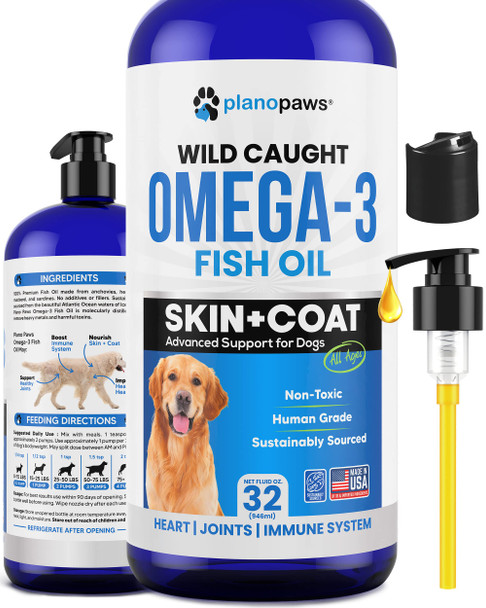Planopaws Omega 3 Fish Oil For Dogs - Better Than Salmon Oil - Dog Fish Oil Supplement To Reduce Shedding & Itching - Supports Joints Brain And Heart Health - Skin And Coat Supplement - Liquid Fish Oil