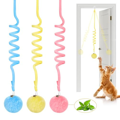 Potaroma Hanging Fluffy Cat Catnip Ball Toys 3 Pcs With Bell Interactive Cat Teaser Retractable Toys Indoor Kitten Play Chase Exercise Physical Stimulation