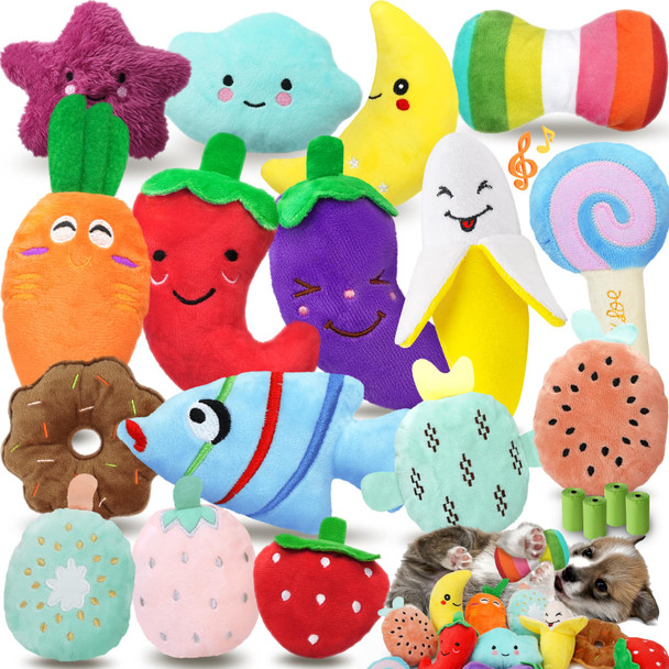 Qtwoof Cheerful 20-Pack Squeaky Dog Toys Set - Included 4 Dog Bags Plush Puppy Toys With Irresistibly Cute Characters For Small Dogs Interactive Dog Squeak Toys For Fun&Teeth Cleaning