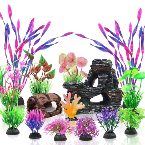 Quozuo 15 Pcs Aquarium Artificial Plastic Plants Decorations And Resin Barrel And Coral Rock Cave Set Fish Tank Accessories Hideout Ornaments Aquarium Decor Set