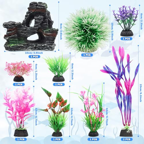 Quozuo Fish Tank Accessories Aquarium Fish Tank Plastic Plants And Cave Rock Decorations Set 10 Pieces Small And Large Artificial Aquarium Plants With Cave Rock