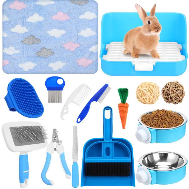 Reallnaive 15 Pcs Rabbit Starter Kit Small Rabbit Litter Box Girls Animal Grooming Kit Bunny Toys Bowl Blankets With Cleaning Set For Guinea Pig Accessories(Multicolor)