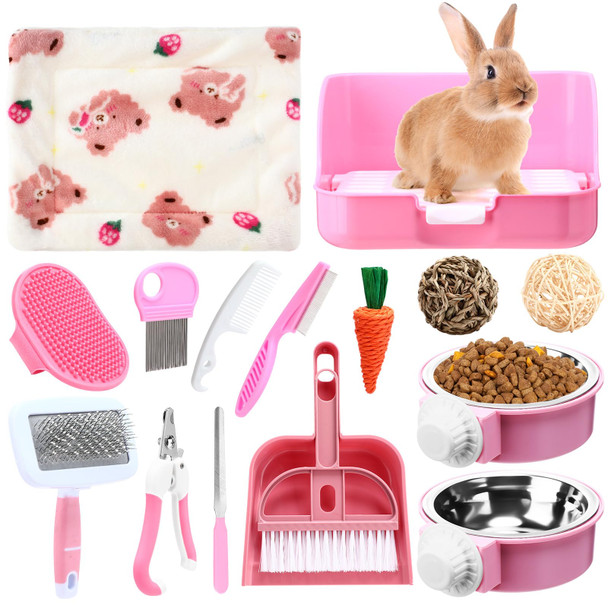 Reallnaive 15 Pcs Rabbit Starter Kit Small Rabbit Litter Box Girls Animal Grooming Kit Bunny Toys Bowl Blankets With Cleaning Set For Guinea Pig Accessories(Multicolor)