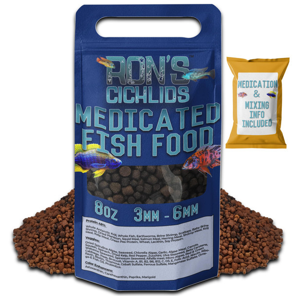 Ron'S Cichlids Medicated Adult Blend African Cichlid Fish Food Premium Fish Food Pellets With Protein Veggies For Healthier Brighter & Bigger Tropical Fish & Cleaner Tanks Adult Blend 8 Ounces