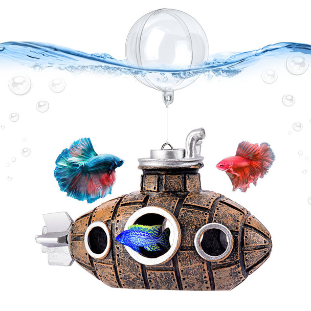Sardvisa Floating Fish Tank Decoration Little Cute Retro Submarine Aquarium Decoration With Two Float Balls Resinous Fish Tank Accessorie Safe Fish Toy For Betta Cichlid Goldfish Shrimps Hermit Crabs
