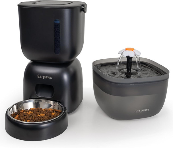 Sarpaws Automatic Cat Feeder And Water Dispenser Fw1 Wire Or Battery Cat Food Dispenser Timer Pet Feeder - Locking Lid Desiccant Bag Programmable Portion Control 4 Daily Meals 10S Voice Recorder