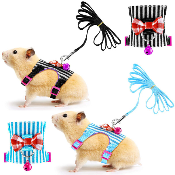Satinior 2 Pieces Hamster Harness And Leash Set For Walking Small Guinea Pig Clothes With Bowknot Bell No Pulling Comfort Padded Vest Striped For Guinea Pig Hamster Ferret Small Animals (Blue BlackS)