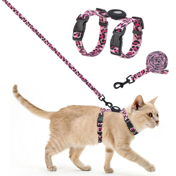 Scenereal Adjustable Cat Harness And Leash Set With Airtag Holder Escape-Proof Design For Small To Large Cats Lightweight Soft Travel Harness Khaki Leopard