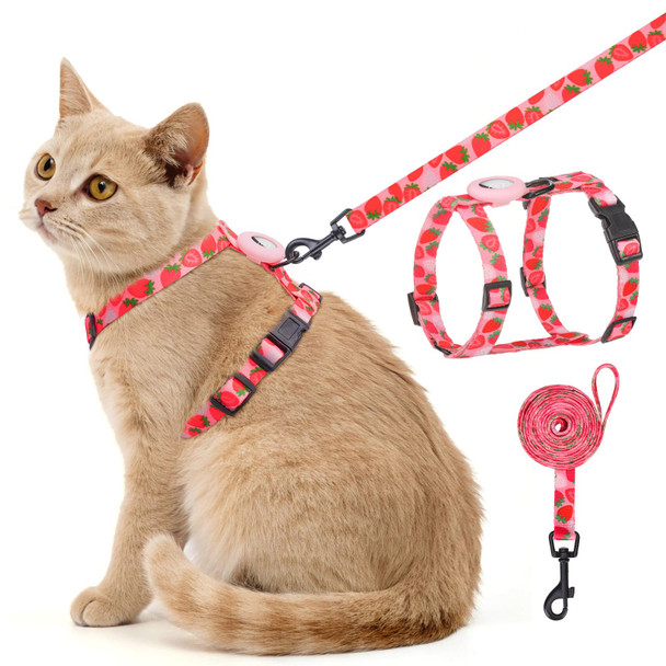 Scenereal Adjustable Cat Harness And Leash Set With Airtag Holder Escape-Proof Design For Small To Large Cats Lightweight Soft Travel Harness Pink Strawberry