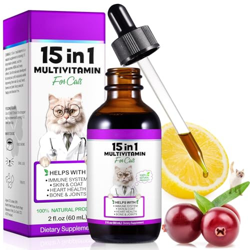 Sdjufei Cat Multivitamin15 In 1 Cat Vitamins And Supplements Cat Vitamins For Indoor Cats Liquid Drops For Heart Health Bones Joint Skin & Coat Immune System Support 60Ml 2 Fl.Oz