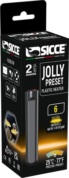 Sicce 6W Jolly Preset Small Submersible Aquarium Heater Constant Temperature Betta Fish Tank Heater Set To 77 For 1-2 Gallons Freshwater & Saltwater Tanks