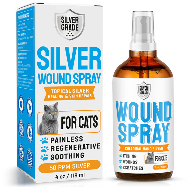 Silver Grade Cat Wound Care Spray With Silver Wounds Rashes Hot Spots Itch Scratching Irritation Bites & Burns Use A Cat Cone To Prevent Licking Safe Formula 4 Oz