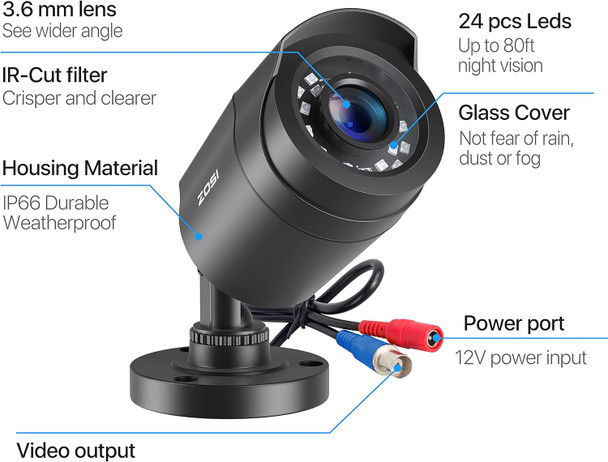 ZOSI 4 Pack 2MP 1080p HD-TVI Home Security Camera Outdoor Indoor 1920TVL,24PCS LEDs,80ft Night Vision, 90°View Angle, Weatherproof Outside Surveillance CCTV Bullet Camera(Black)