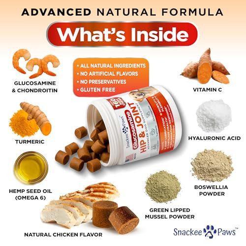 Snackee Paws Hip And Joint Supplement For Dogs - Glucosamine For Dogs - Approx 160 Joint Pain Relief Chews - Chondroitin Msm - Hemp Oil - Advanced Canine Health Supplement - Mobility Support Treats