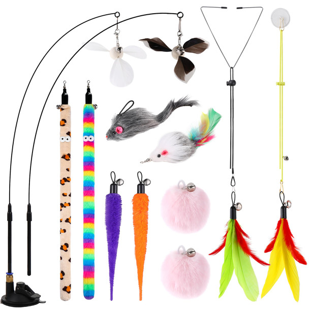 Soarer 4-In-1 Interactive Cat Feather Toys12Pcs Durable Fishing Pole Cats Feathers Toy ReplacementsEnhanced Suction Cup Cats Wand Toy2 Types Door Hanging Cat String Toys For Indoor Kitten