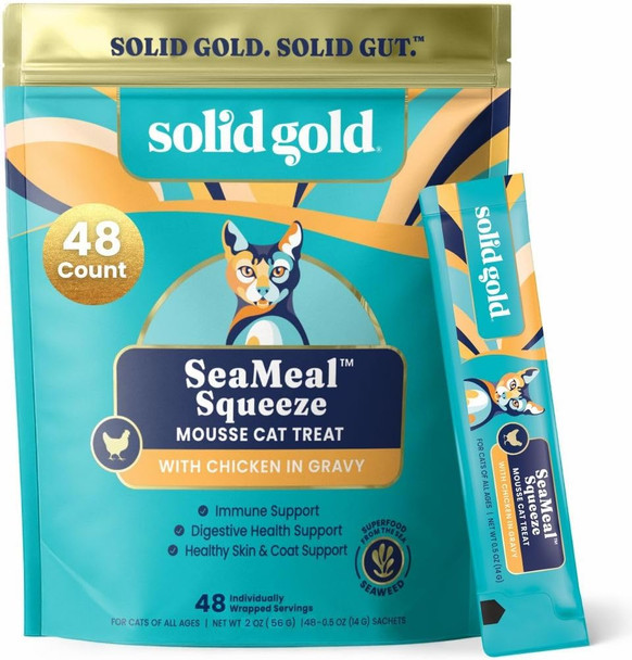 Solid Gold Lickable Cat Treats - Limited Ingredient Chicken Seameal Squeezable Healthy Cat Treats For Indoor Cats - Snack & Topper Squeeze Ups For Cats W/Seaweed For Gut & Immune Support - 3Oz/30Ct