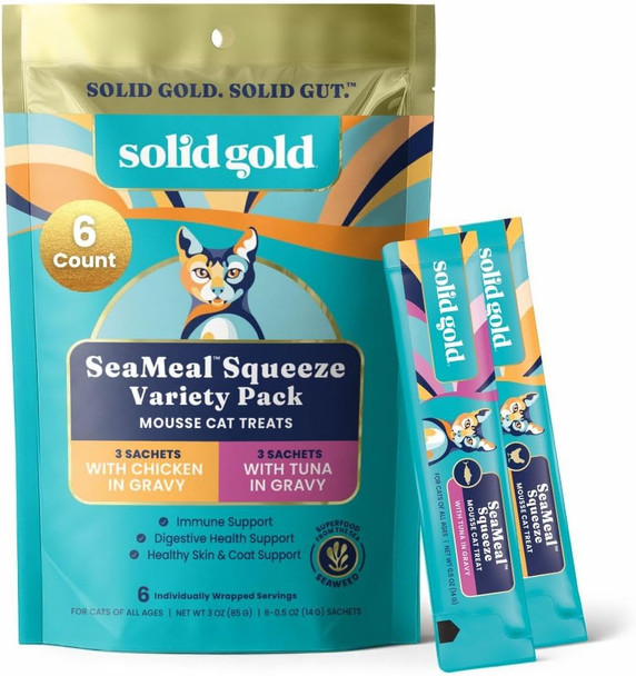 Solid Gold Lickable Cat Treats - Limited Ingredient Chicken Seameal Squeezable Healthy Cat Treats For Indoor Cats - Snack & Topper Squeeze Ups For Cats W/Seaweed For Gut & Immune Support - 3Oz/30Ct