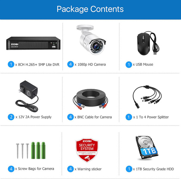 ZOSI Full 1080p H.265+ Security Camera Security System, 5MP Lite 8 Channle 4-in-1 CCTV DVR Recorder with 1TB Hard Drive and 4 x 1080p Surveillance Bullet Camera Outdoor Indoor with 120ft Night Vision ZOSI Full 1080p H.265+ Security Camera Security System, 5MP Lite 8 Channle 4-in-1 CCTV DVR Recorder with 1TB Hard Drive and 4 x 1080p Surveillance Bullet Camera Outdoor Indoor with 120ft Night Vision