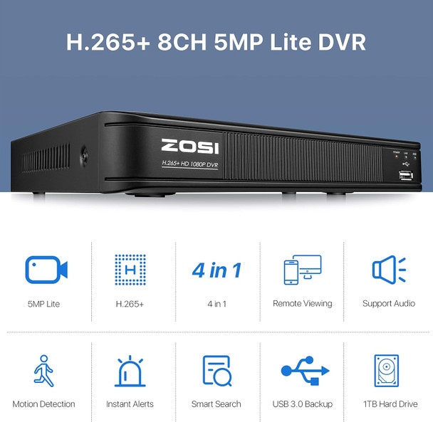ZOSI Full 1080p H.265+ Security Camera Security System, 5MP Lite 8 Channle 4-in-1 CCTV DVR Recorder with 1TB Hard Drive and 4 x 1080p Surveillance Bullet Camera Outdoor Indoor with 120ft Night Vision ZOSI Full 1080p H.265+ Security Camera Security System, 5MP Lite 8 Channle 4-in-1 CCTV DVR Recorder with 1TB Hard Drive and 4 x 1080p Surveillance Bullet Camera Outdoor Indoor with 120ft Night Vision