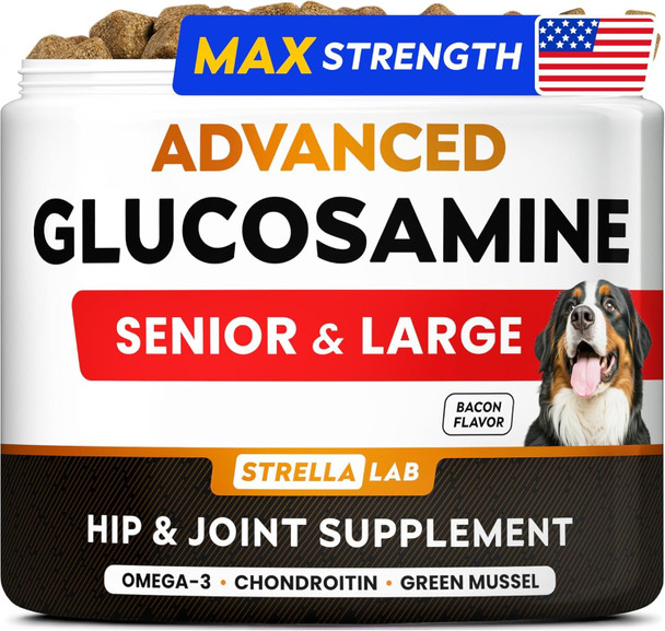 Strellalab Glucosamine Treats For Dogs - Joint Supplement W/Omega-3 Fish Oil - Chondroitin Msm - Advanced Mobility Chews - Joint Pain Relief - Hip & Joint Care - Chicken Flavor - 120 Ct - Made In Usa