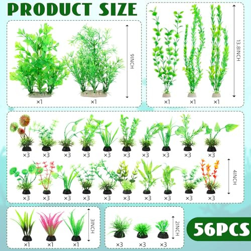Suncalla 56 Pcs Fake Artificial Aquarium Plants Plastic Realistic Aquatic Fish Tank Plants For Aquarium Decor Green Turtle Fish Tank Accessories Decorations Large Goldfish Betta Water Grass Decor