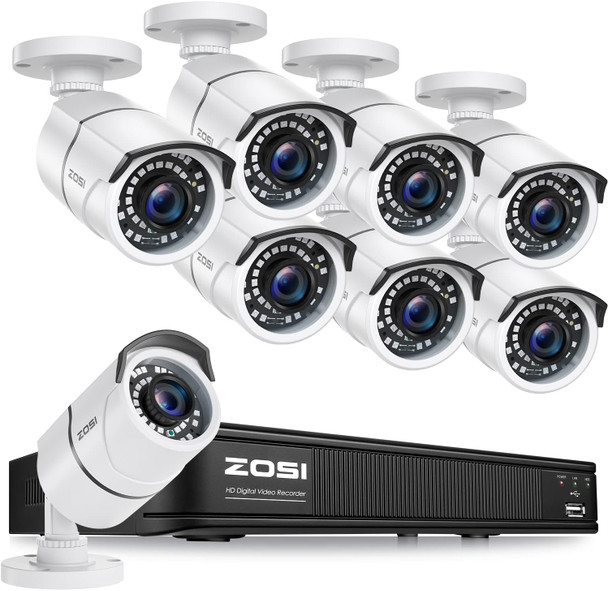 ZOSI 1080p H.265+ Security Camera System for Home, 5MP Lite 8 Channel CCTV DVR and 8 x 1080p Weatherproof Bullet Cameras Outdoor Indoor with 120ft Night Vision and 105°Wide Angle (No HDD Included) ZOSI 1080p H.265+ Security Camera System for Home, 5MP Lite 8 Channel CCTV DVR and 8 x 1080p Weatherproof Bullet Cameras Outdoor Indoor with 120ft Night Vision and 105°Wide Angle (No HDD Included)