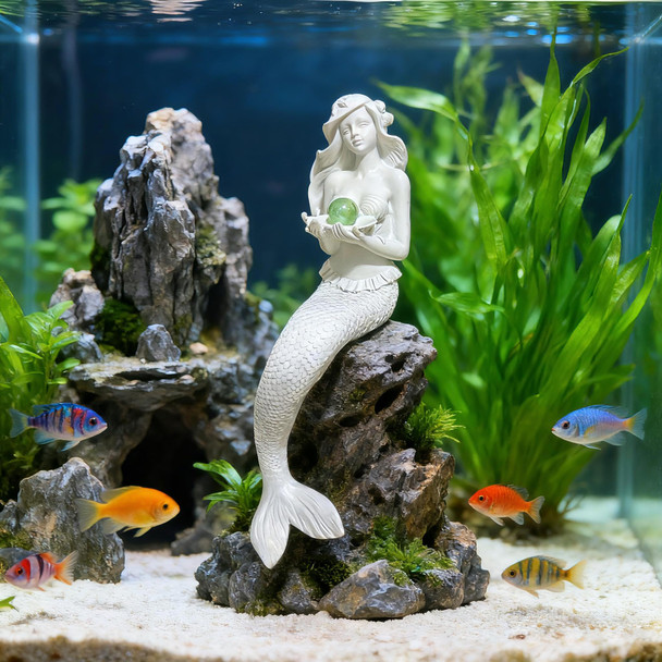 Teaeeno Unique Mermaid Fish Tank Decorations Mermaid Statue Decor House Ornament Kit Aquarium Decor Charming Mermaid Decor Statue Resin Aquarium D Cor Thematic Ornaments (White)