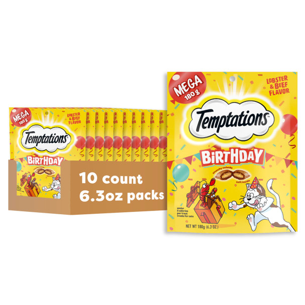 Temptations Birthday Cat Treats Crunchy And Soft Cat Treats Lobster & Beef Flavor 16 Oz. Tub