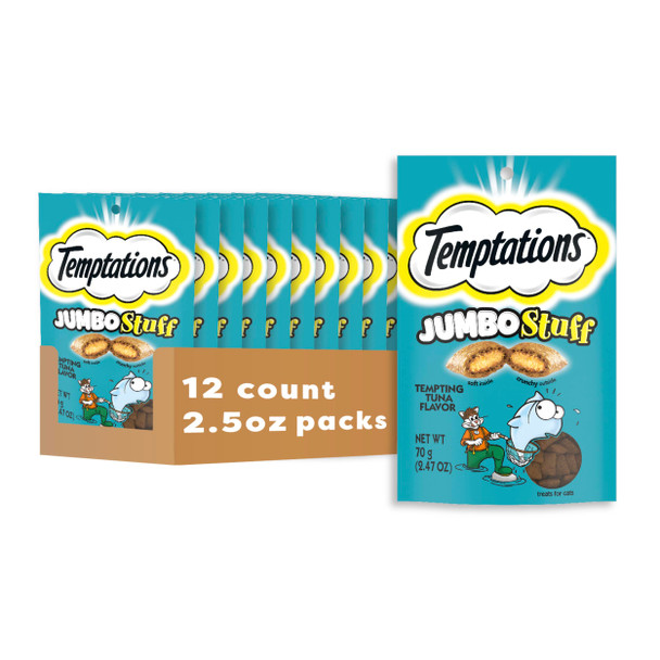 Temptations Jumbo Stuffed Cat Treats Crunchy And Soft Cat Treats Tempting Tuna Flavor 14 Oz. Tub