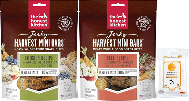Variety Pack (2) Honest Kitchen Jerky Harvest Mini Bars Dog Treats (4-oz Bags) with AuroraPet Wipes