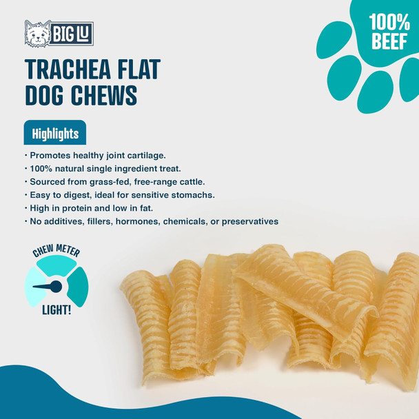 Big Lu - Trachea Flat Dog Chews, Premium 100% Beef, All-Natural Dog Treats, Rich in Glucosamine and Chondroitin for Joint Health, 6-Inch Sticks (15 Sticks)