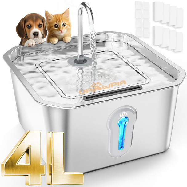 Upawpia 4L/135Oz Large Cat Water Fountain Stainless Steel With 8 Filters Pet Water Fountain For Cats Quiet Indoor Pets Dog Small Animal Automatic Dog Water Dispenser For Drinking Watering Supplies