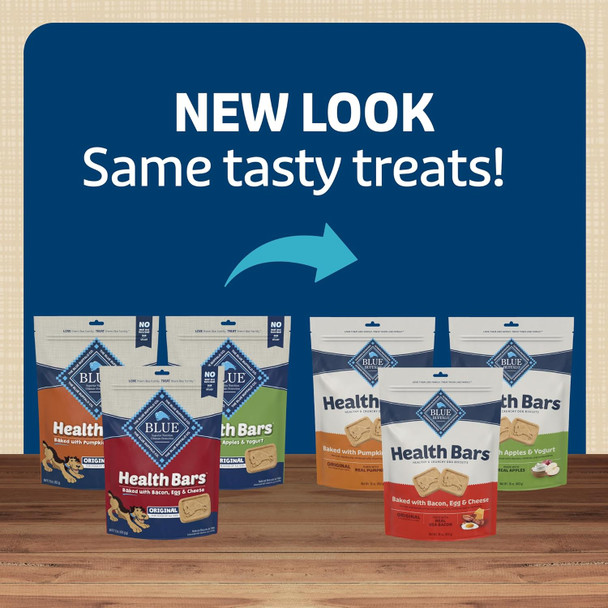 Blue Buffalo Health Bars Crunchy Dog Biscuits, Variety Pack, Bacon, Egg & Cheese, Apple & Yogurt, Pumpkin & Cinnamon, 16-oz. Bags Blue Buffalo Health Bars Crunchy Dog Biscuits, Variety Pack, Bacon, Egg & Cheese, Apple & Yogurt, Pumpkin & Cinnamon, 16-oz. Bags
