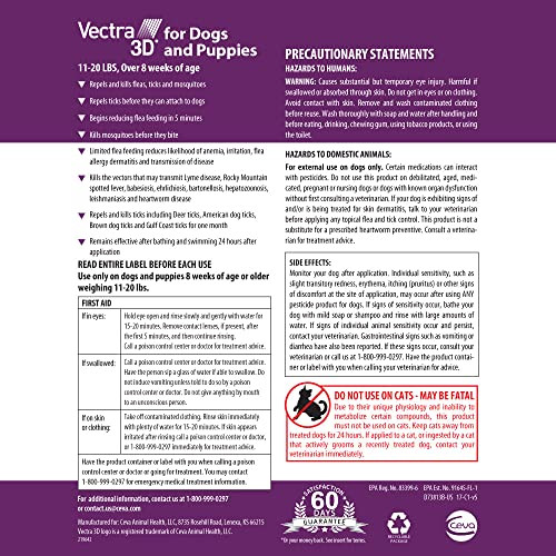 Vectra 3D For Dogs Flea Tick & Mosquito Treatment & Prevention For Small Dogs (11 20 Lbs) 6 Month Supply
