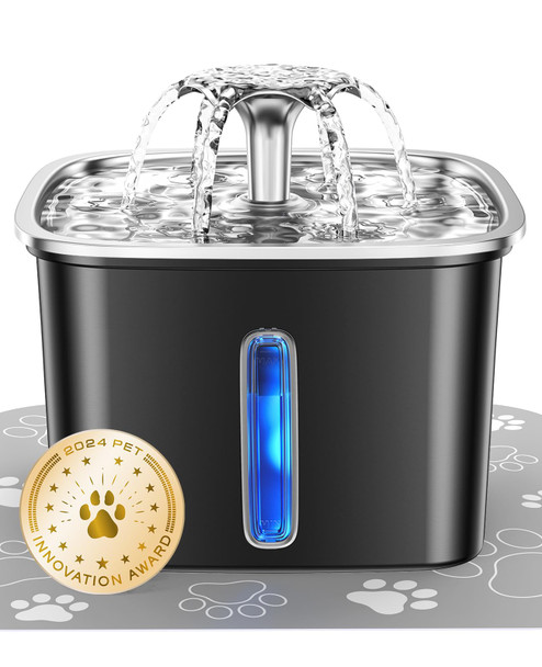 Veken Innovation Award Winner Stainless Steel Cat Water Fountain 95Oz/2.8L Automatic Pet Fountain Dog Water Dispenser With Replacement Filters & Silicone Mat S For Cats Dogs (Silver)