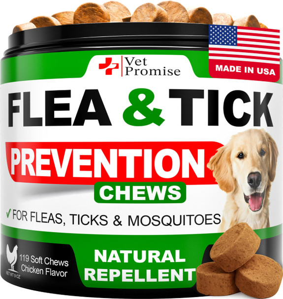 Vet Promise Flea And Tick Prevention For Dogs Chews - Natural Dog Flea And & Tick Control - Advanced Oral Pills Supplement Treatment For All Breeds & Size - Vet Formulated - Soft Chewables - Made In Usa