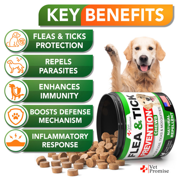 Vet Promise Flea And Tick Prevention For Dogs Chews - Natural Dog Flea And & Tick Control - Advanced Oral Pills Supplement Treatment For All Breeds & Size - Vet Formulated - Soft Chewables - Made In Usa