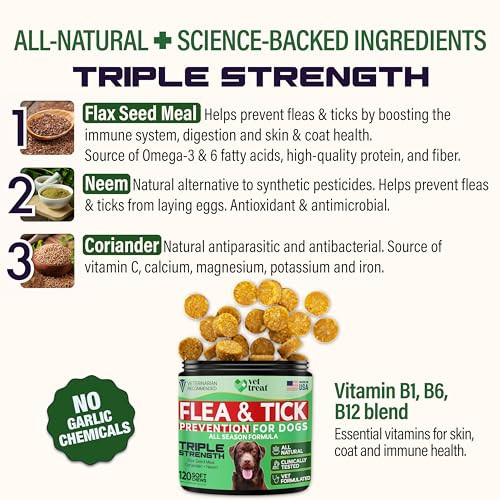 Vet Treat Flea And Tick Prevention For Dogs Chewables -Made In Usa- Natural Dog Flea And Tick Treatment - Oral Flea Pills - Vet Recommended Flea And Tick Chews - All Breeds & Sizes - 120 Soft Treats (Chicken)