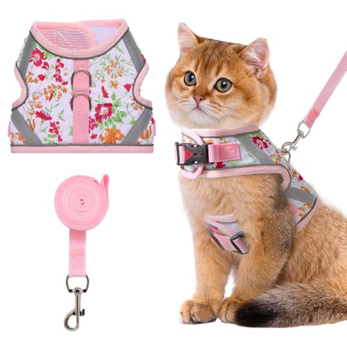 Vibranzy Floral Cat Leash And Harness Set. The Cat Harness Escape Proof Feature Allows You To Walk You Cat Small Dog Or Rabbit Without Worries. This Kitten Harness And Leash Is Cute And Trendy