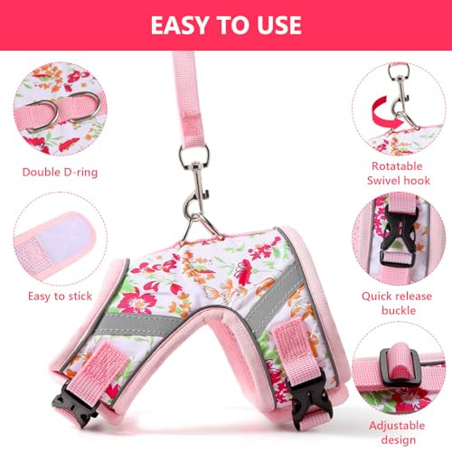 Vibranzy Floral Cat Leash And Harness Set. The Cat Harness Escape Proof Feature Allows You To Walk You Cat Small Dog Or Rabbit Without Worries. This Kitten Harness And Leash Is Cute And Trendy