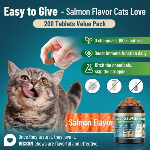 Vicsom Flea And Tick Prevention For Cats Chewable 200 Treats Natural Cat Flea Treatment Skin & Digestive Support Oral Supplement Chew Flea And Tick Treatment For Cat Kitten All Breeds & Ages Salmon Flavor