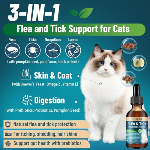 Vicsom Natural Flea And Tick Prevention For Cats Herbal Cat Flea And Tick Treatment Support Drops Flea Support With Prebiotics Probiotics For Cats Kitten - Ideal For Sensitive Cat - Salmon Flavor