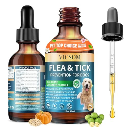Vicsom Natural Flea And Tick Prevention For Dogs Oral Herbal Dog Flea And Tick Treatment Drops With Pumpkin Seed & Black Walnut For Dogs Skin & Coat Care - Digestive & Immune For All Breeds And Ages 60Ml