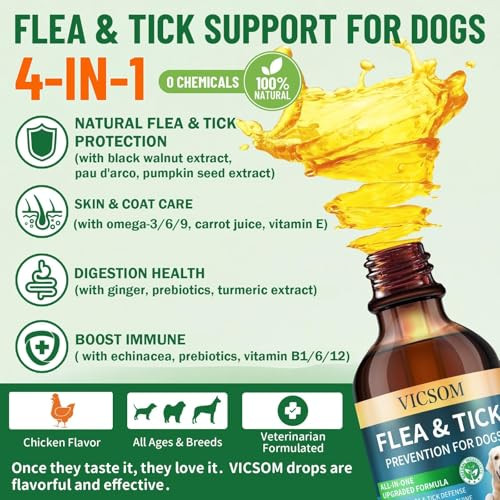 Vicsom Natural Flea And Tick Prevention For Dogs Oral Herbal Dog Flea And Tick Treatment Drops With Pumpkin Seed & Black Walnut For Dogs Skin & Coat Care - Digestive & Immune For All Breeds And Ages 60Ml
