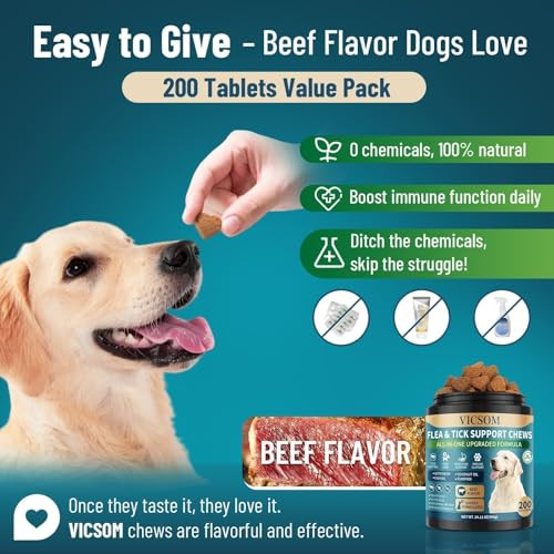 Vicsom Flea And Tick Prevention For Dogs Chewable 200 Soft Treats Natural Oral Dog Flea And Tick Treatment Chews Support Dog Skin & Digestive Supplement For Dogs Puppies All Breeds & Ages Beef Flavor