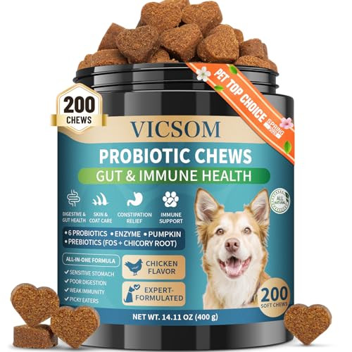 Vicsom Dog Probiotics For Dogs 200 Soft Probiotics Chews For Dogs Digestive Health Gut Health & Immune System With 6 Probiotics & Digestive Enzymes Support Itchy Skin Constipation & Diarrhea Relief