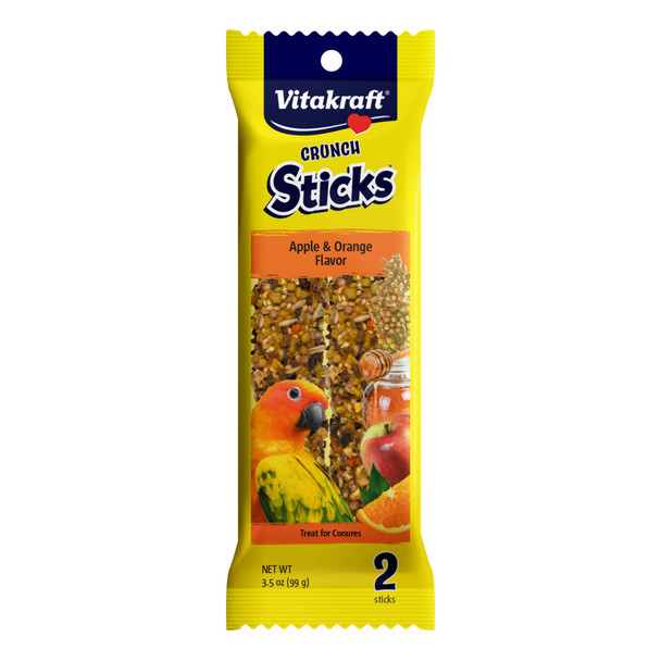 Vitakraft Crunch Sticks Conure Treat 2 Sticks - Apple And Orange Flavor Triple Baked For Crunch With Added Vitamins And Minerals Natural With Wood Chew Center Includes Cage Clip Holder