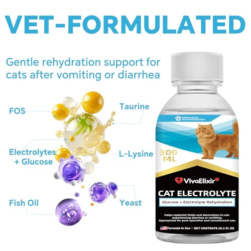 Vivaelixir Cat Electrolytes & Hydration - Supports Post-Surgery & Illness Recovery - Immune Support With Electrolytes Glucose For Energy Omega-3 Antioxidants Prebiotics - Oral Syringe - 10.14 Fl Oz